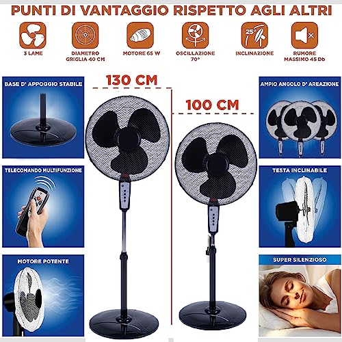 BAKAJI Standventilator mit Fernbedienung, Leistung 50 W, 3 Geschwindigkeiten, 40 cm, Höhe und Neigung einstellbar bis zu 130 cm, Timer-Funktion, rund, horizontale Schwingung (schwarz)