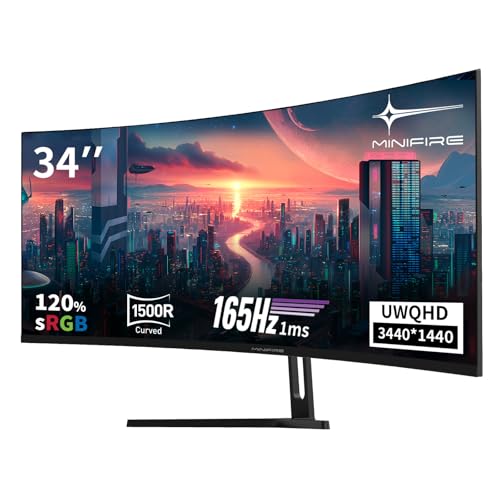 Minifire 34 Zoll UWQHD Curved Gaming Monitor 165Hz(DP),3440 x 1440, Curved 1500R,1ms(MPRT),Pip/PBP,FreeSync,HDR, 300nits, sRGB 125%, DCI-P3 95%,VA Panel,2xHDMI 2.1(TMDS) 2xDP 1.4 Ports MFG34C5Q