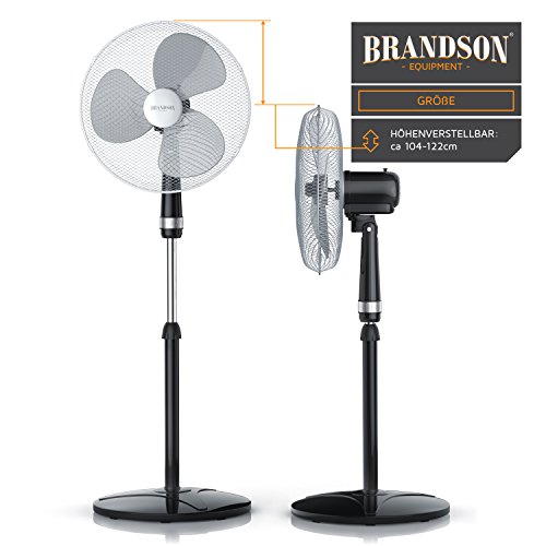 Brandson Standventilator 40cm, 50 Watt, oszillierend, Silber-Schwarz | Höhenverstellbar 104 bis 122 cm, 3 Stufen, Oszillation 80°, Neigung 30°, Rotor 35 cm, Schutzgitter, breiter Standfuß