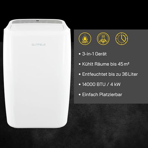 GUTFELS mobile Klimaanlage, 3-in-1 Gerät, 14000 BTU mit 4,0 kW Kühlleistung, 450m³/h, geeignet für 45m², Entfeuchtet 36 Liter/Tag, 1538 Watt, CM 81455 we
