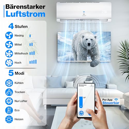 KESSER® Split Klimaanlage Set Quick Connect – WiFi & App Klimagerät mit Heizfunktion & Kühlmodus Wandklimaanlage, mit Kupferleitung 12000 BTU 3,4 kW Kältemittel R32 Inkl. Montagematerial