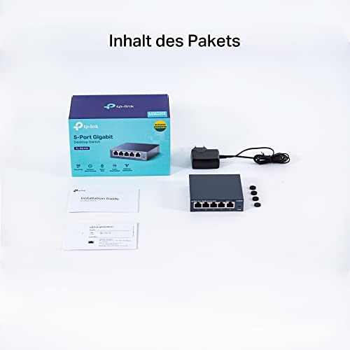 TP-Link TL-SG105 5-Ports Gigabit Netzwerk Switch (bis 2000 MBit/s im Vollduplexmodus, geschirmte RJ-45 s, Metallgehäuse, optimiert Datenverkehr, IGMP-Snooping, unmanaged, lüfterlos) blau metallic