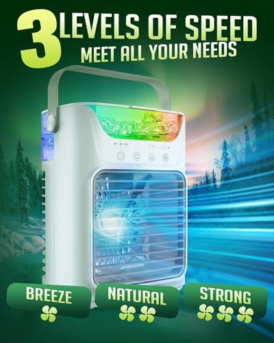 Tragbarer Verdunstungskühler mit 3 Geschwindigkeitsstufen, 2 Nebelstufen, 650 ml Wassertank, 7 Farbleuchten – ideal für Schlafzimmer, Büro und Camping.