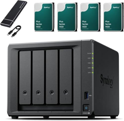 Synology DS925+ NAS-Server-Bundle 4 Schächte (8 GB RAM, 32 TB HDD) – 4 x 8 TB Synology NAS HDDs, Hochleistungs-Desktop-Netzwerkspeichergerät – Inklusive externer 512 GB SSD für Backup