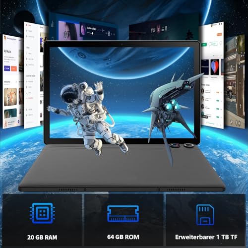 Tablet 10 Zoll 8-in-1 Kit Android 15 Tablet PC mit Hülle Tastatur Maus Stift Kopfhörer Netzstecker Kabel Octa-Core 20 GB RAM 64 GB ROM 1TB TF Erweiterbar 1280x800 IPS Touchscreen 5000 mAh (Schwarz)