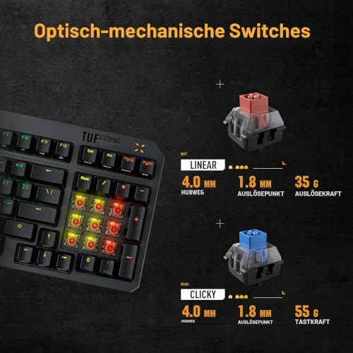 ASUS TUF Gaming K3 Gen II Gaming-Tastatur mit 97 Tasten, opto-mechanische RGB-Switches, Silikondichtung, stoßdämpfender Schaumstoff, wasserdicht IP57, abnehmbare Oberplatte und Aura Sync, AZERTY