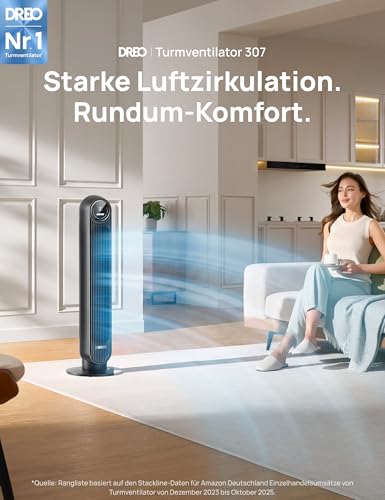 DREO Leiser Turmventilator, 10 m Wurfweite 8 Geschwindigstufen 4 Modi 8 Std. Timer 90° oszillierende Ventilator mit Kühlung Fernbedienung für Schlafzimmer,Turmventilator 307, Schwarz