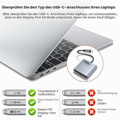 USB-C auf Dual HDMI Adapter für 2 Monitore, HDMI Splitter mit Erweiterter Anzeige, Type-C Digital AV Multiport Adapter, 4K@60Hz Video, kompatibel mit iPhone, iPad, MacBook, HD-Fernseher, Monitor, Beam