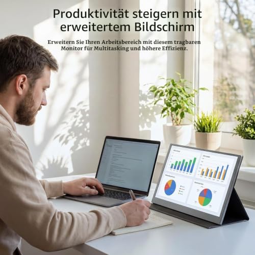 Portable Monitor 15,6 Zoll, 1920x1080P FHD IPS Entspiegelt | USB-C & Mini HDMI | Integrierte Lautsprecher & Schutzhülle mit Ständer | Zusatzbildschirm für Laptop, PC, Mac, Handy, PS5/4, Xbox, Switch