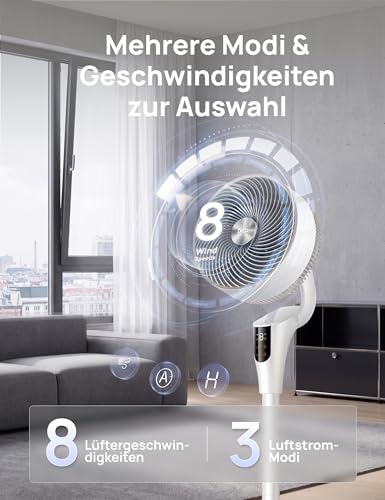 DREO Leiser Standventilator für Schlafzimmer [Verbessert], 27m Luftstrom, Leise, 90° Oszillierend, DC-Motor, 8 Geschwindigkeiten, 3 Modi, 96–106cm Höhenverstellbar, 8H Timer, 105° Manuell Neigbar