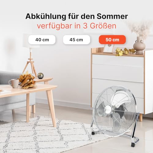ProfiCare® XL Windmaschine mit 50 cm Ø | Ventilator verstellbarer Winkel | Bodenventilator 3 Stufen | Ventilator leise aus Metall | Luftkühler | Standlüfter | Raumkühler | PC-VL 3067 WM chrom