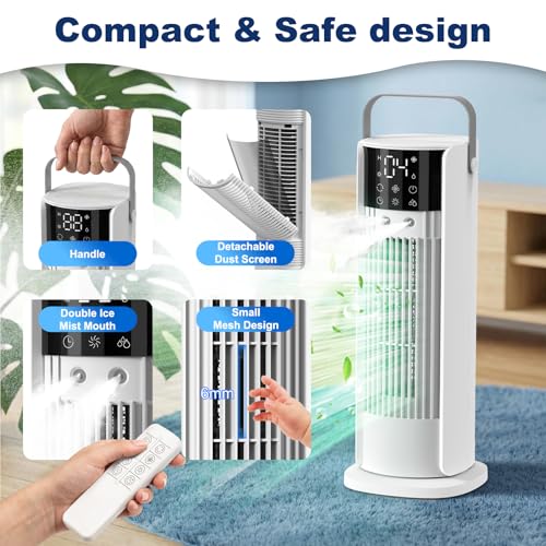 Klimaanlage Mobil, 4-In-1 Luftkühler mit Wasserkühlung, Mobile Klimaanlage con Tanque de 900ml, 3 Gebläsestufen, 90° Oszillation, LED-Display, Leise Klimaanlage mit Luftbefeuchter (Weiß)