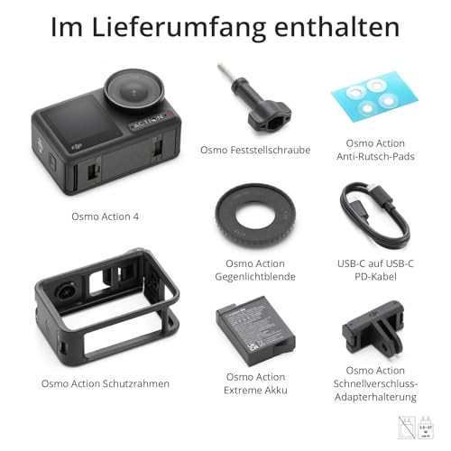 DJI Osmo Action 4 Essential-Combo, 4K/120fps Action-Kamera | 1/1,3-Zoll-Sensor, Low-Light-Aufnahmen, 10-Bit- und D-Log M-Farbleistung, langlebiger 1.770 mAh-Akku