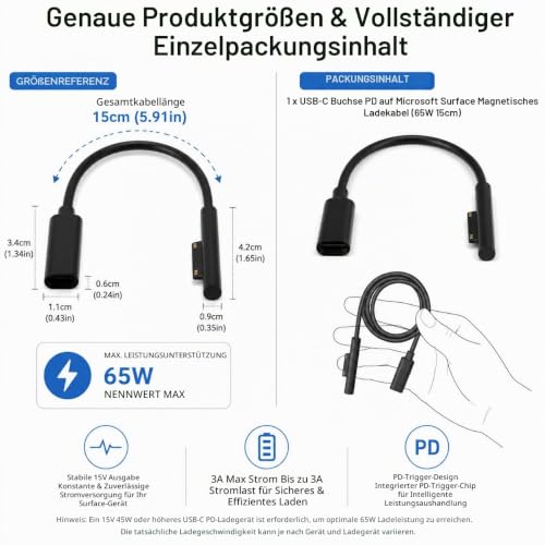 Adapterkabel USB-C auf Surface Connect, magnetisch, 65 W PD, Schnellladung für Microsoft Surface Pro 3/4/5/6/7, Surface Go, Laptop, Book, kompaktes Design, langlebig, für Reisen