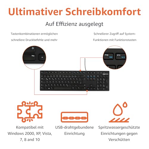 Amazon Basics Tastatur mit DE-Layout, flach, USB-kabelgebunden, Mattschwarz