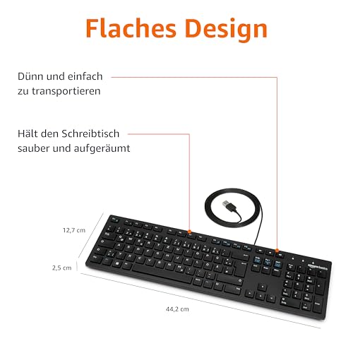Amazon Basics Tastatur mit DE-Layout, flach, USB-kabelgebunden, Mattschwarz