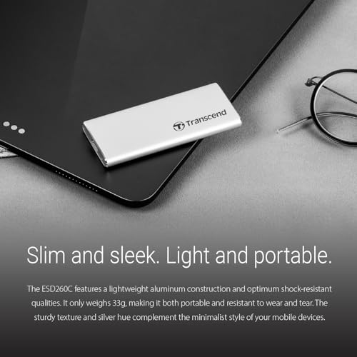 Transcend 500GB ESD260C Portable SSD, 520 MB/s, Aluminium, USB-C, Silber | Schlankes, externes SSD-Laufwerk im Taschenformat mit USB 3.2 Gen 2 für MacBook, iPad und Mac