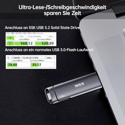 SSK USB C Externe SSD 1TB, bis zu 550 MB/s, schneller Dual USB-C/A Stick | USB 3.2 Gen 2 Solid State Drive mit Dual USB-C/A als Speicherstick für Android-Telefon, Laptop, Tablet, Mac und PC unterwegs