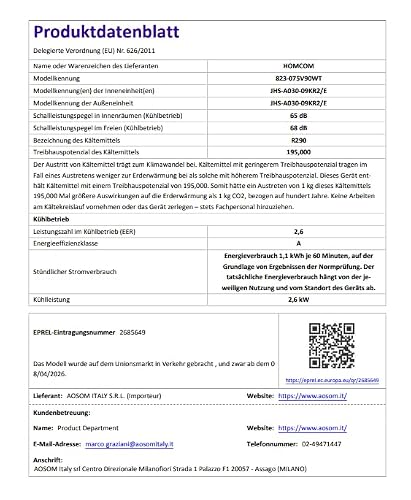 HOMCOM Mobiles Klimagerät mit Abluftschlauch 9000 BTU 1010W, 4-in-1 | Kühlen, Ventilieren, 36L/Tag Entfeuchten, Schlafmodus, 24h-Timer, Fernbedienung, Fensterkit, für Räume bis 30㎡
