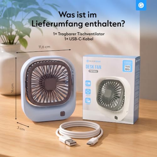 Silvergear® Tragbarer Tischventilator | USB-C Aufladung | 3 Geschwindigkeiten | 600 mAh Akku | Für Büro & unterwegs | Blau