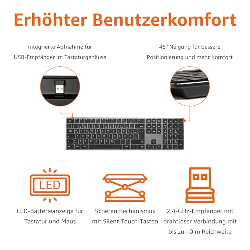 Amazon Basics Tastatur und Maus, kabellos, aufladbar, ultradünn, leiser Anschlag, mit Nummernblock, (dt. Layout nicht garantiert), schwarz