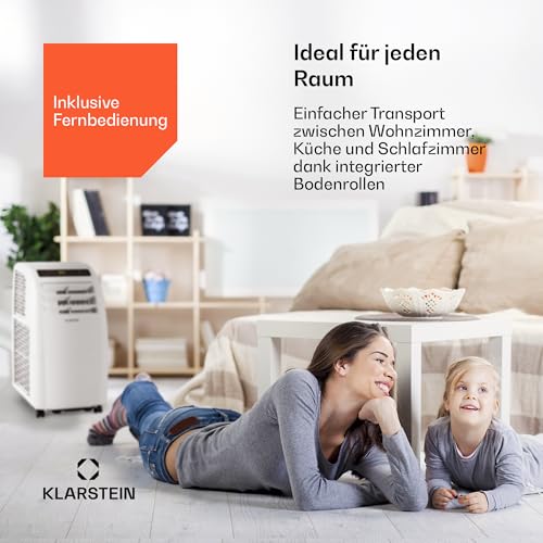 Klarstein Mobile Klimaanlage mit Abluftschlauch, 4-in-1 Klimagerät mit Ventilator, Luftentfeuchter & Nachtmodus, Kleine & Portable Klimaanlage für Wohnung & Büro, Niedriger Verbrauch, 10000 BTU