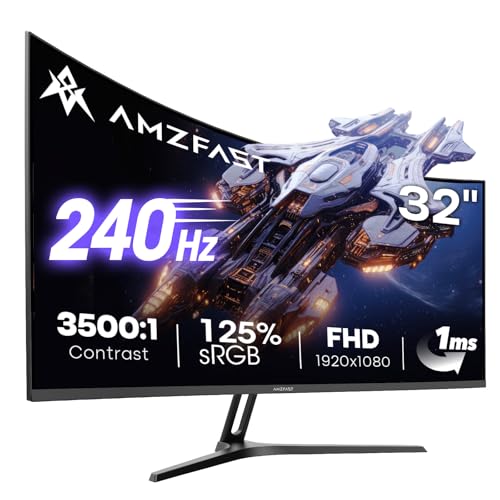 Amzfast Gaming Monitor 32 Zoll Curved – 240Hz, FHD 1920x1080, 1 ms MPRT, 1500R, Adaptive Sync, HDR, sRGB 125%, VESA 100x100, HDMI 2.0 & DP 1.4 (AMZG32C1F)