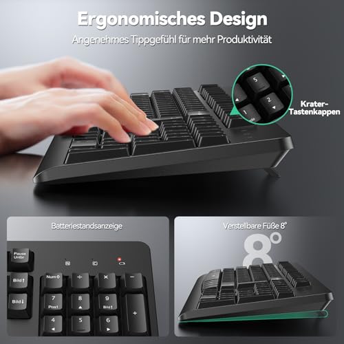 TECKNET Tastatur Maus Set Kabellos,2.4GHz USB Tastatur und Maus Kabellos | QWERTZ Layout,Spritzwassergeschützt,Funktastatur mit Maus,Vollformat,Energieeffizientes Design,Plug & Play für Laptop/PC/Mac