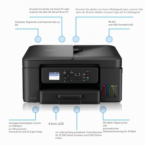 Brother DCP-T780DW Kabelloser Tintenstrahldrucker A4 | 3-in-1 (Drucken/Kopieren/Scannen) | WLAN/USB 2.0 | ADF | A4 | Duplexdruck | Fotos | Inklusiv Hochbox-Tinten | Stecker
