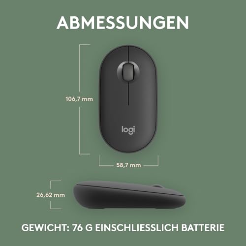 Logitech - Mouse Wireless - Pebble Mouse 2 M350s - Grafite - (910-007015) | Sondertasten, schlank, mobil, Easy-Switch - Windows, macOS, iPadOS, Android, ChromeOS, Deutsches QWERTZ - Graphit