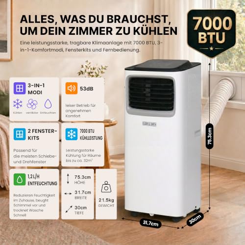 Olsen & Smith 7000 BTU Mobile Klimaanlage, 3-in-1 mit Abluftschlauch