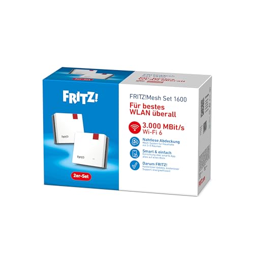 FRITZ!Mesh Set 1600 2er-Set | für 3-5 Räume | Wi-Fi 6 bis zu 3 GBit/s | Dualband WLAN (2,4/5 GHz), Perfekt für Streaming & Videocalls, ideal für Router & Glasfasermodem (ONT), Made in Europe