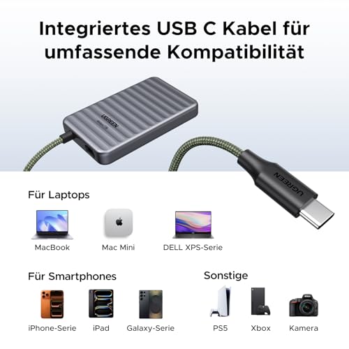 UGREEN NeoDrive Go Portable SSD 1TB, 4.000 MB/s mit integriertem Kabel | Externe USB4 SSD mit integriertem Kabel Kompatibel mit PCs (Windows/MacOS/Linux) und Mobilgeräten (iOS/iPadOS/Android)