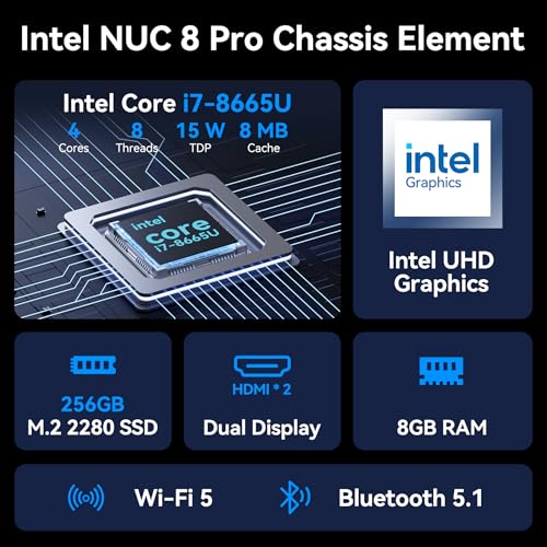 Intel NUC Pro Chassis Element Mini-PC, integriertes NUC 8 Compute Element, Core i7-8665U, 8GB RAM, 256GB SSD, Win 11 Pro, WiFi 5, BT 5.1, Dual GbE, 2×HDMI, Intel vPro Plattform, Industrie-/Business-PC