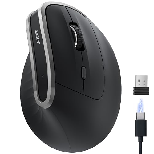 Acer 2.4G Ergonomische Maus, Vertikale Optische Maus Kabellos 1600 DPI, Wiederaufladbar Wireless Mouse, Funkmaus mit USB-A Empfänger für PC und Laptops, Kompatibel mit Windows, macOS, Linux usw.