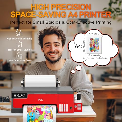 PLK DTF A4 Drucker mit XP600 Druckkopf, Blätter- und Rollenzuführung, Integrierter Folienschneider, DTF L8058 Druckermaschine mit weißem Tintenrührsystem, 100% Transferdruck für (Red, A4 Printer+Oven)