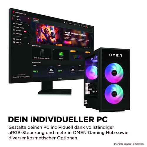 HP Omen GT16-0278ng 35L Gaming Desktop PC, AMD Ryzen 7 8700F, 32 GB DDR5-SDRAM, 2 TB SSD, NVIDIA GeForce RTX 5070 Ti, Tower PC, Windows 11 Home, Schwarzes Metall mit Glas Blende
