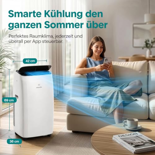SereneLife Mobile Klimaanlage mit WLAN 16000 BTU 4,69kW- Klimagerät mit Abluftschlauch und Fensterkit, 4-in-1: Kühlen Heizen Entfeuchten Ventilieren, Fernbedienung, Timer, Sleep Mode, bis 50m²