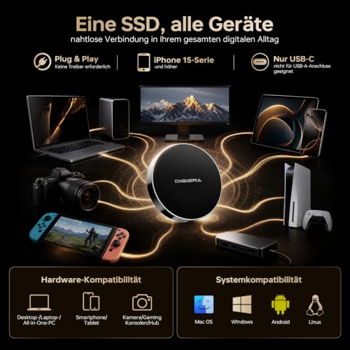 512GB DIGIERA Magnetische Tragbare SSD, Externe Festplatte Mit USB-C 3.2 Gen 2x2, Geschwindigkeit Bis Zu 2000 MB/S, Kompatibel Mit IPhone 15/16/17/18 Series,PC/Laptop, und Anderen USB-C-Geräten,Schwarz