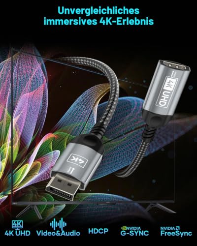 Nersligek 4K DisplayPort auf HDMI Adapter, Unidirektional DP (Display Port) Stecker auf HDMI Buchse Konverter Kompatibel mit Lenovo, HP, Dell, AMD, NVIDIA, Mehr Passiv