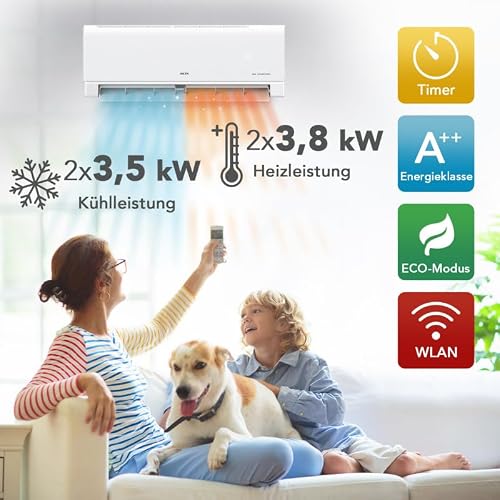 AUX A++ Klimaanlage Set Multi Split 27000 BTU (7,9 kW) - Außengerät + 2× Wandgerät mit WLAN-Steuerung - R32 Kältemittel - Mattweiß - leise Klimaanlage für 2 Räume, Büro & Schlafzimmer