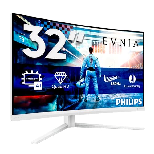 PHILIPS Evnia 32M2C5501-32 Zoll Quad HD Curved Gaming Monitor, 180 Hz, 1 ms, FreeSync Premium, HDR10, Ambiglow (2560x1440, 2X HDMI 2.0, 1x DisplayPort 1.4) Weiss