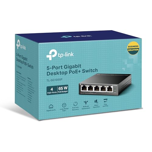 TP-Link TL-SG1005P 5-Port Gigabit LAN PoE Switch mit 4 PoE+ Ports (65 Watt, IEEE-802.3af/at, Plug-and-Play, Robustes Metallgehäuse)