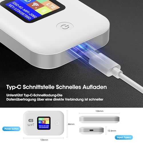 4G Mobiler WLAN Router, Tragbares WLAN für Unterwegs Ohne Vertrag, LTE Router 150 Mbps, 3000mAh Lange Akkulaufzeit, LCD Display, Mobiler Hotspot für Reisen, Camping, Hotels-Eisweiß