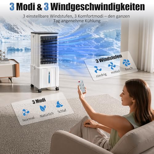 Klimaanlage Mobil, 14L 60W Klimaanlage ohne Abluftschlauch mit 12H Timer, 3 Modus, 40dB, 120°Oszillation, Abnehmbare Wassertank, Fernbedienung, Leise Klimagerät Air Conditioner für Wohnung Zimmer