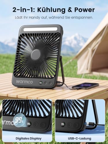 Warmco D4 Akku Camping Ventilator 20000mAh, LED-Lampe, 15–48 Std. | Leiser Ultraflacher Ventilator Mit Display & Haken Für Zelt, Büro, Wohnmobil, Schlafzimmer Und Stromausfall