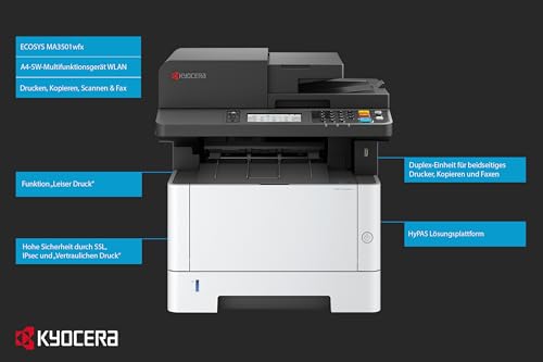 Kyocera Ecosys MA3501wfx/Plus Laserdrucker Multifunktionsgerät mit WLAN | WLAN Laserdrucker mit Scanner 35 Seiten/Minute. Drucker Scanner Kopierer, Fax.. Mobile-Print , 3 Jahre Full Service Vor-Ort