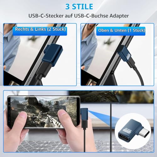 3 Stück USB C Extender Adapter 90 Grad, 80Gbps USB C Stecker zu Buchse Winkel Adapter, 240W Thunderbolt 5 Extension Connector für iPhone 15/16, Team Deck, Tablet, Telefone, andere Typ C Geräte (Grau)