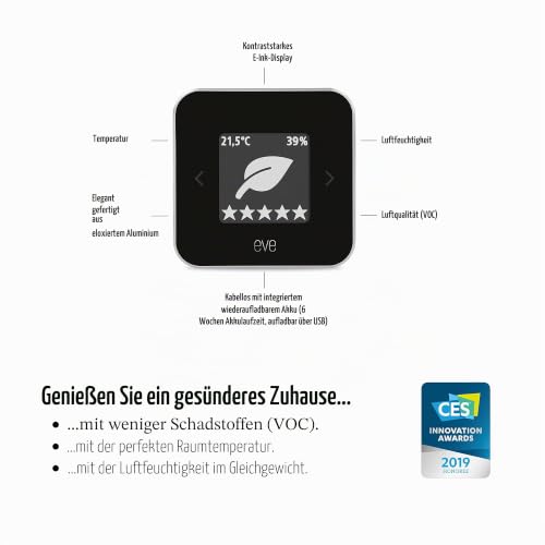 Eve Room - Raumluft-Qualitätssensor & Thermo - Smartes Heizkörperthermostat mit LED-Display, automatischer Temperatursteuerung, Keine Bridge erforderlich, Bluetooth/Thread, Apple HomeKit