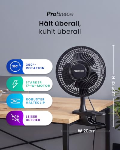 Pro Breeze Mini Ventilator mit Clip, 15 cm Durchmesser, 2 Geschwindigkeitsstufen, stabiler Clip - Ventilator leise, ideal als Tischventilator am Schreibtisch, für Growbox, Zuhause im Schlafzimmer